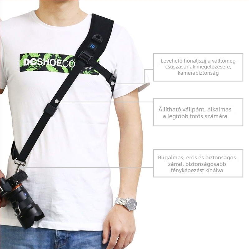 Pu6011 DSLR kettős kamera vállszíj – univerzális kompatibilitás, anyagok: gumi, nylon, fém, logó nyomtatás