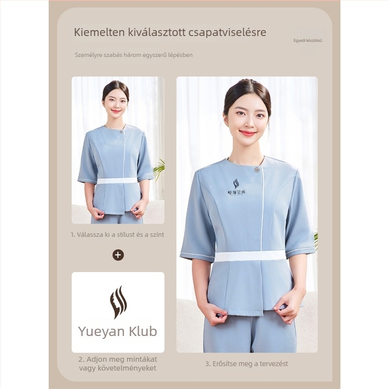 Uniszex stewardess-stílusú munkaruha, chenille anyag elasztánnal, kerek nyakú, 3/4-Es ujjak, 3/4-es hosszúságú nadrág