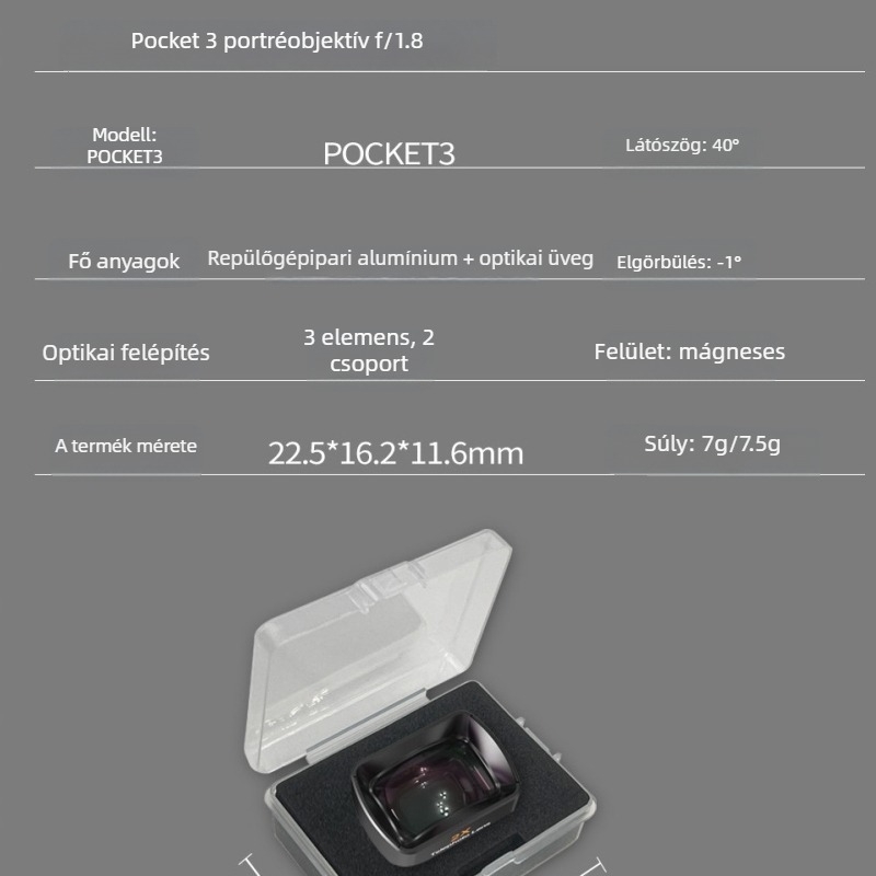 DJI Pocket 3-hoz mágneses UV-szűrő szabályozható ND nagyítású lencsével; optikai üveg + alumínium tokozás; tartalmaz 2 lencsét