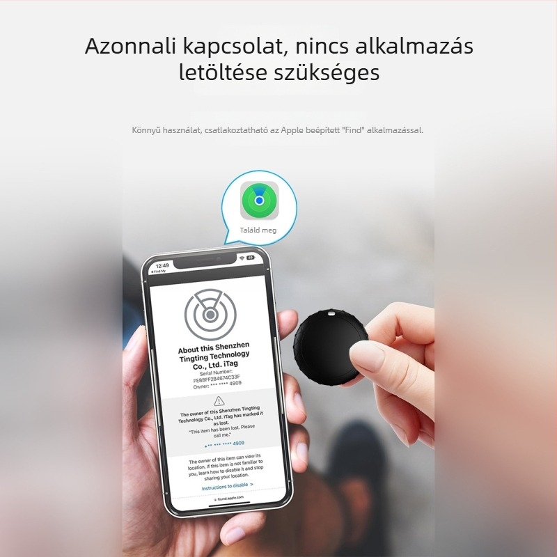 AirTag-stílusú nyomkövető gyerekeknek, időseknek és háziállatoknak GPS nyomkövetéssel – kulcstartóhoz csatolható, Modell JHX09, 210mAh, méretek 31.5×31.5×7.8mm, tömeg 7 g, iOS-kompatibilis