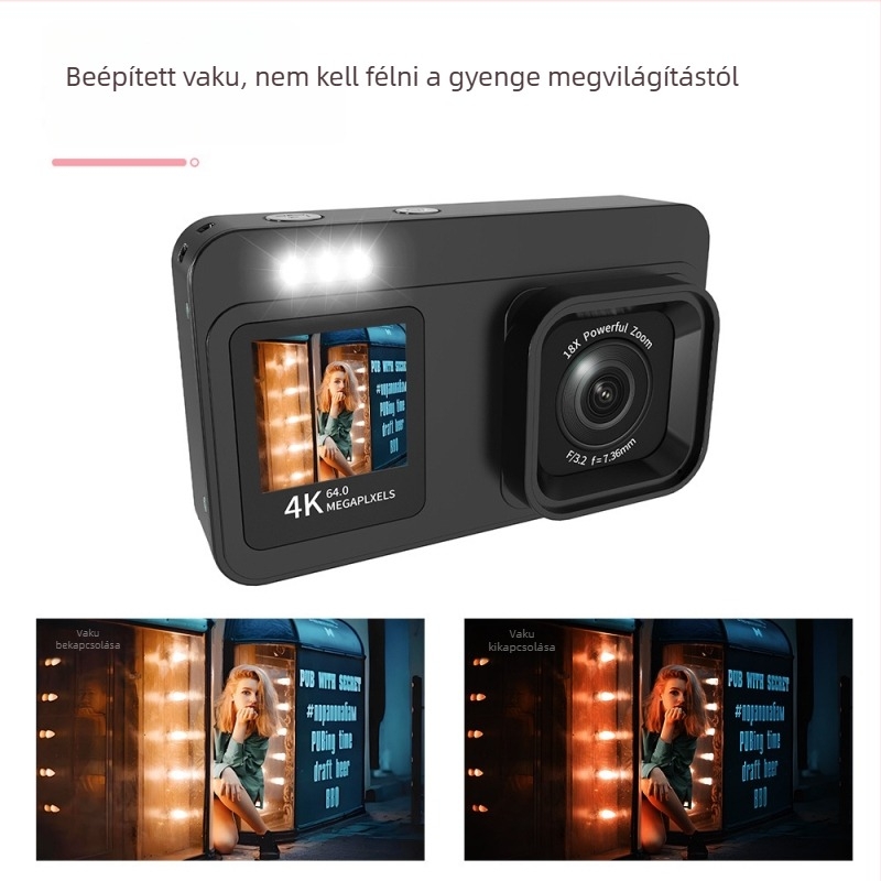 64 MP CMOS digitális fényképezőgép, szépítő selfie mód, éjszakai fotózás, 2,8 hüvelykes LCD, 4K támogatás, utazási kompakt kamera