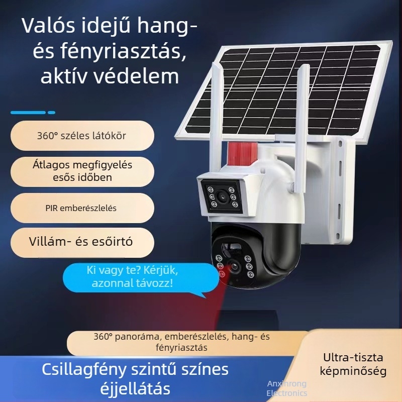 Wi‑Fi gimbal biztonsági kamera, 360° panorámás, belső és kültéri használatra, 12V tápegység, -25°C-tól 60°C-ig