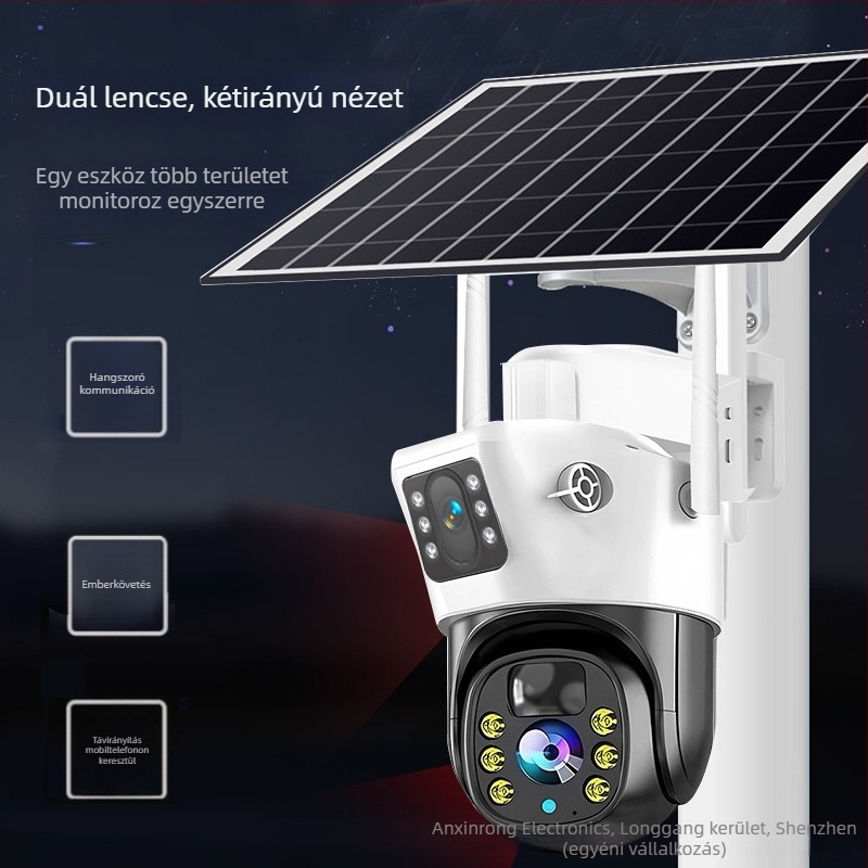 Wi‑Fi gimbal biztonsági kamera, 360° panorámás, belső és kültéri használatra, 12V tápegység, -25°C-tól 60°C-ig