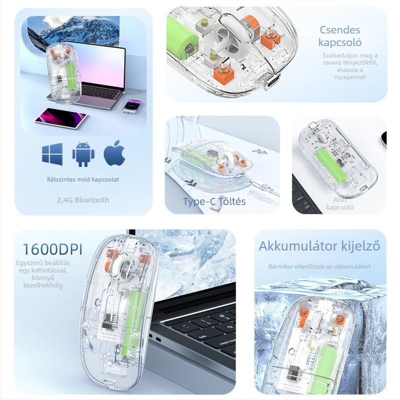 Kétmódú Bluetooth irodai egér, 3 gomb, DPI 800-1600, fotóelektronikus érzékelő, Plug-and-Play