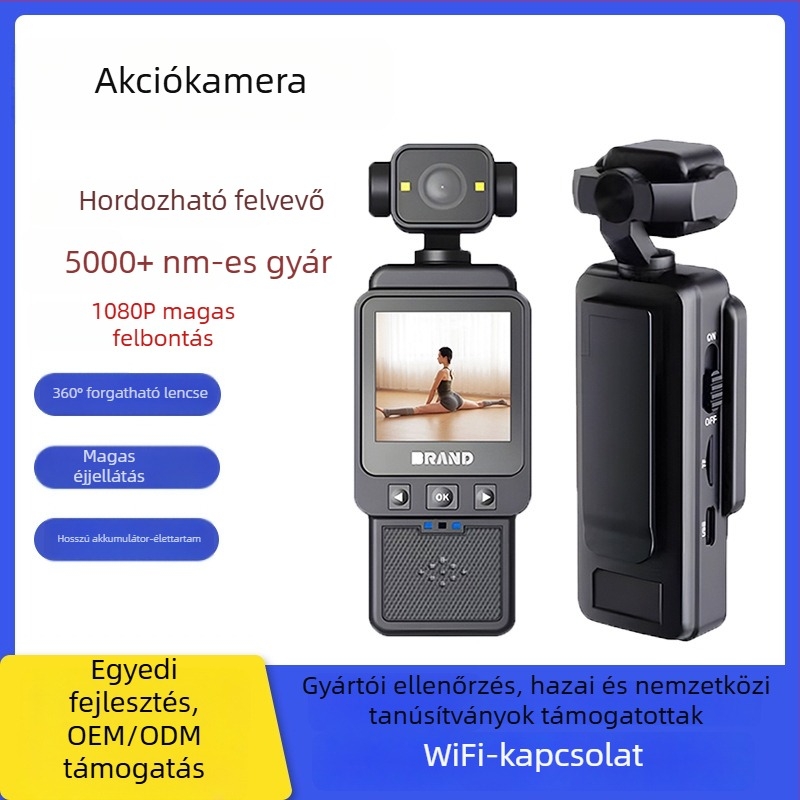 CMOS-szenzoros akciókamera, 1080p videó, LCD kijelző, microSD tárhely, 4 órás akkumulátor-élettartam