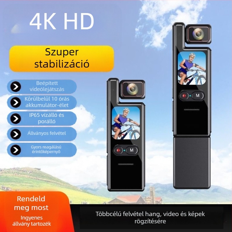 4K Ultra-HD vízálló kézi mozgásrögzítő gyroszkópos stabilizációval, Wi‑Fi, érintőképernyő és forgó objektív