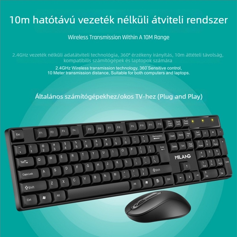 Vezeték nélküli billentyűzet és egér készlet otthoni és irodai használatra — USB billentyűzet és USB egér, 1200 dpi, ergonómikus, vízálló, elemeket tartalmazó csomag