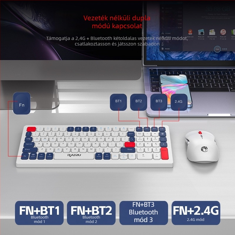 R906 vezeték nélküli billentyűzet és egér készlet, kettős üzemmódú 2.4G+Bluetooth, üzleti irodai használatra, optikai felbontás 800/1200/1600 DPI, Plug-and-Play