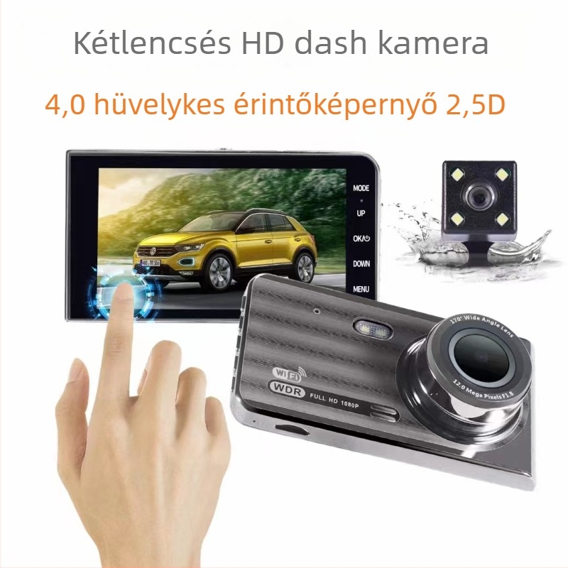 Kétlencsés autós dash kamera: 1080p, Wi‑Fi, érintőképernyő, elöl-hátul felvétel, 170°-os széles látószög
