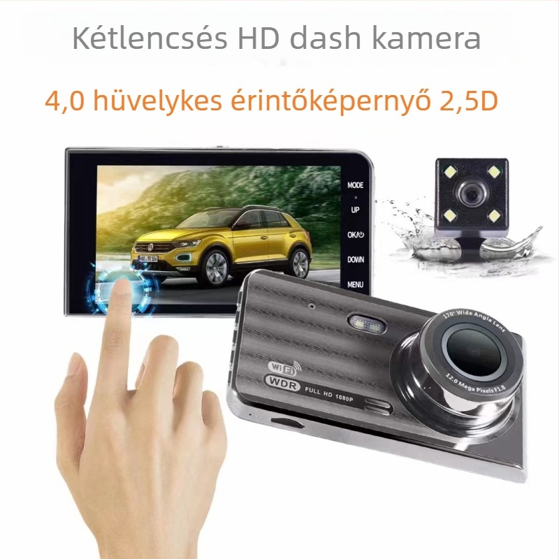 Kétlencsés autós dash kamera: 1080p, Wi‑Fi, érintőképernyő, elöl-hátul felvétel, 170°-os széles látószög