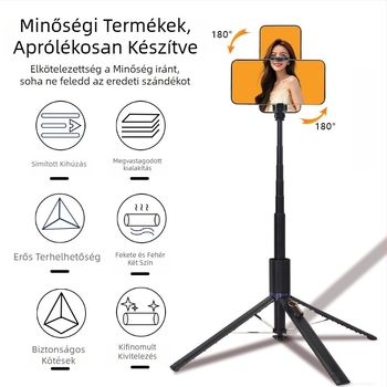 Négy lábú asztali állvánnyal rendelkező selfie stick élő közvetítéshez és fotózáshoz; ABS+alumínium ötvözet; Bluetooth; beépített világítás; képstabilizálás