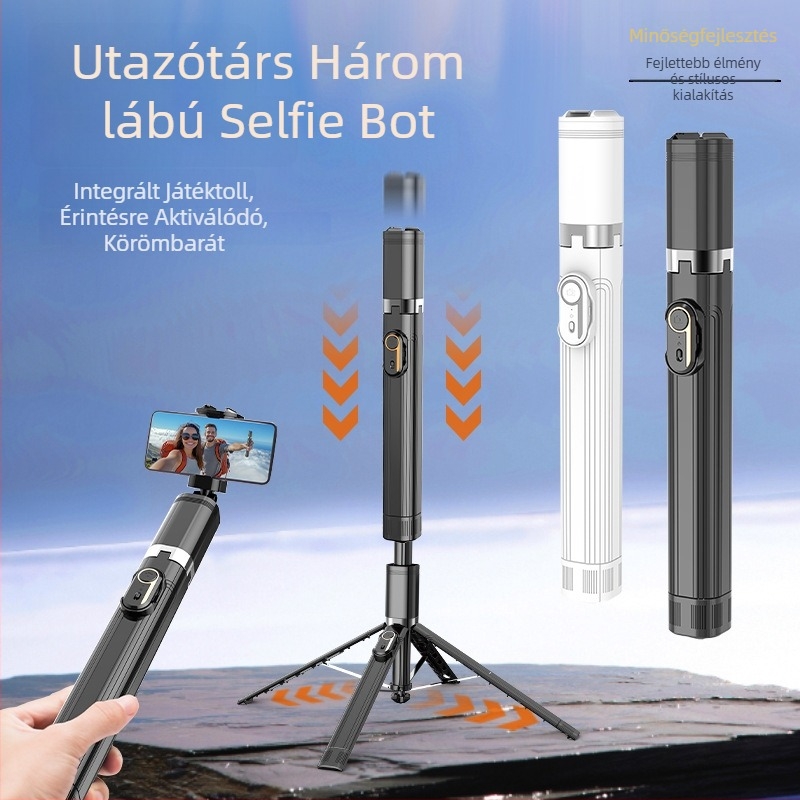 Négy lábú asztali állvánnyal rendelkező selfie stick élő közvetítéshez és fotózáshoz; ABS+alumínium ötvözet; Bluetooth; beépített világítás; képstabilizálás
