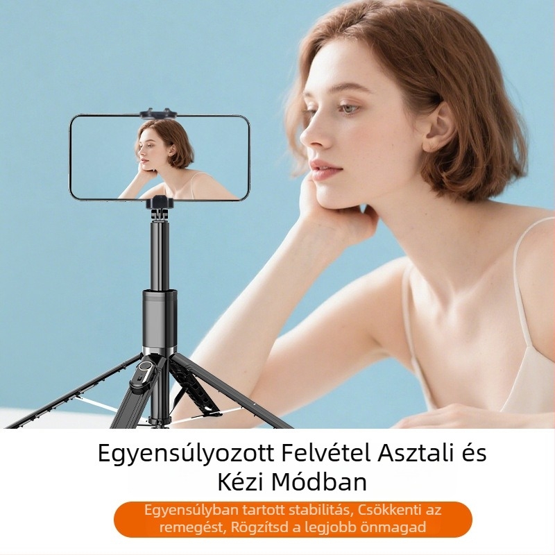 Négy lábú asztali állvánnyal rendelkező selfie stick élő közvetítéshez és fotózáshoz; ABS+alumínium ötvözet; Bluetooth; beépített világítás; képstabilizálás