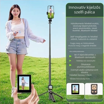 Élő közvetítéshez készült szelfi bot távirányítóval, alumínium test, Bluetooth kapcsolattal, képstabilizálás