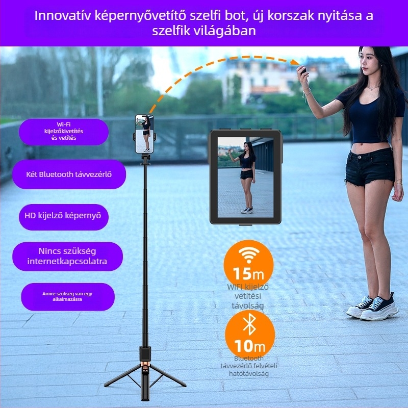 Élő közvetítéshez készült szelfi bot távirányítóval, alumínium test, Bluetooth kapcsolattal, képstabilizálás