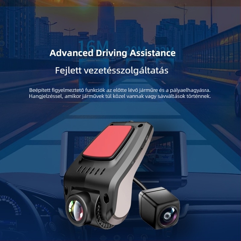 Autóba szánt dash cam, két kamera előre és hátra, GPS navigáció, 1080p, 170° látószög, F1.5 objektív