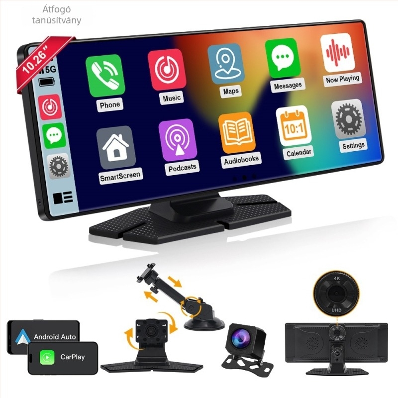 4K-s kettős lencsés autós dashcam vezeték nélküli vetítéssel és navigációval; támogatja TF-kártyát akár 128 GB-ig; 170° látómező; USB/HDMI/AV interfészek; 12-24V bemenet