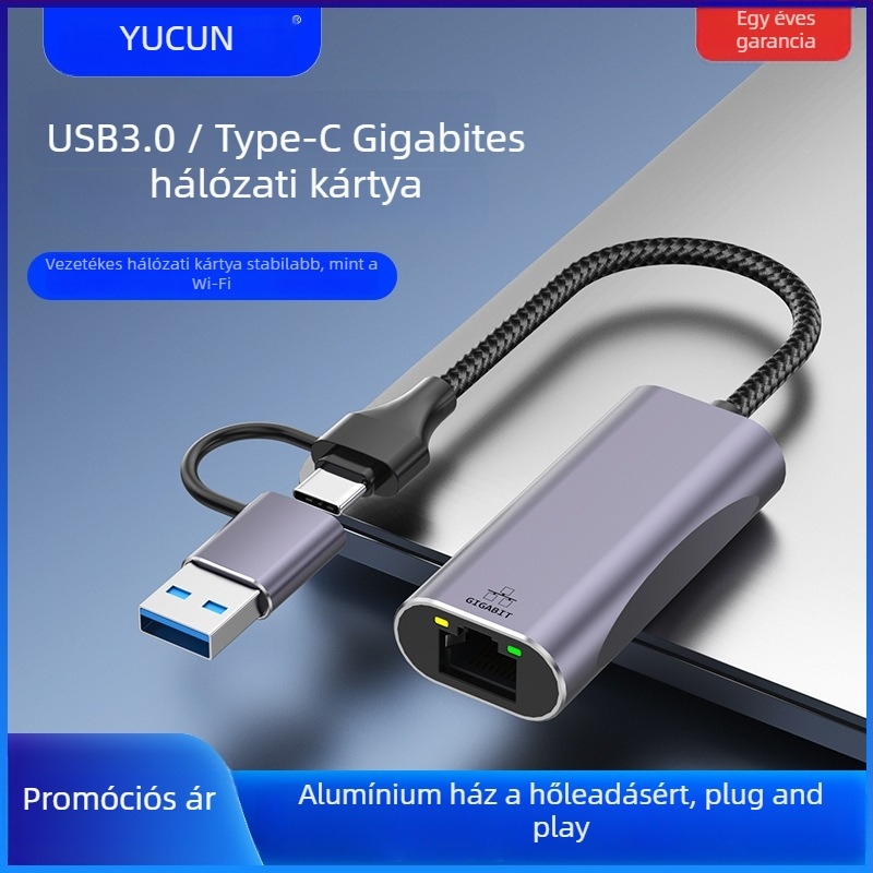 USB Ethernet adapter RJ-45-hoz, USB interfész, 10/100/1000 Mbps, Gigabit Ethernet, LED kijelző