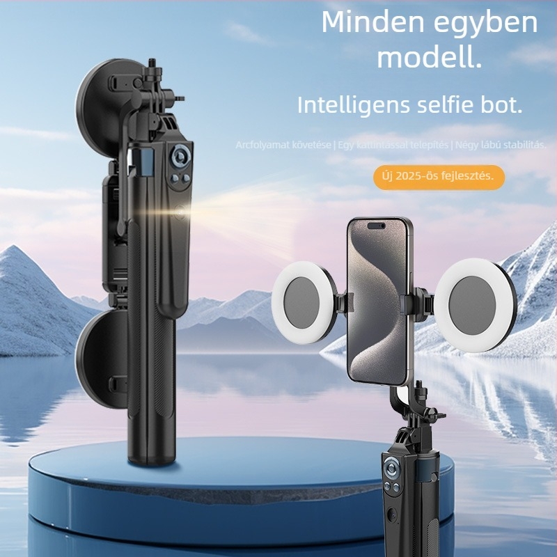 Selfie bot okostelefonhoz integrált pan-tilt fejjel, négylábú állvány, beépített világítás, Bluetooth távirányító