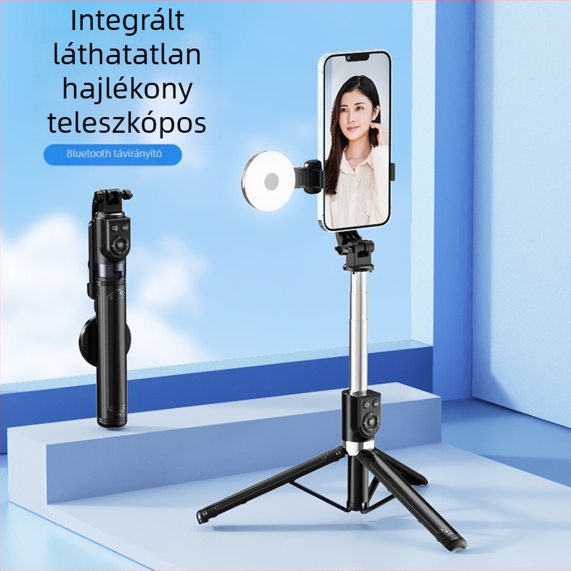 Z14 telefonos selfie stick – háromlábú állvány világítással, Bluetooth távirányítóval, rozsdamentes acélból, univerzális kompatibilitás, stabilizációt támogat