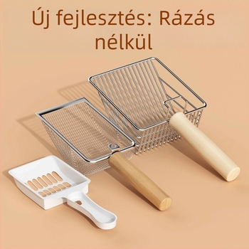 Rozsdamentes acél macskaalom-kanál, fa nyéllel, bentonitos almához