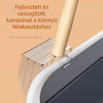 Rozsdamentes acél macskaalom-kanál, fa nyéllel, bentonitos almához