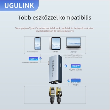 Type-C dokkolóállomás alumíniumötvözet testtel és Ethernet adapterrel, USB-C 1–2 hub, UGULINK WG-057