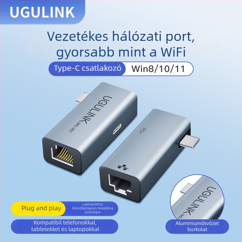 Type-C dokkolóállomás alumíniumötvözet testtel és Ethernet adapterrel, USB-C 1–2 hub, UGULINK WG-057