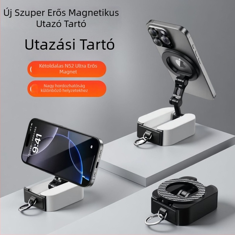 Mágneses telefon-tartó, ötvözetből, összecsukható, autóba szerelhető, kétoldalú mágnes