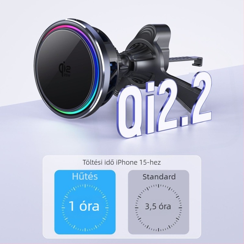 Qi2 autós tartó vezeték nélküli töltő, 15W max, Type-C bemenet 5V-3A/9V-3A/12V-2.5A, alumíniumötvözet