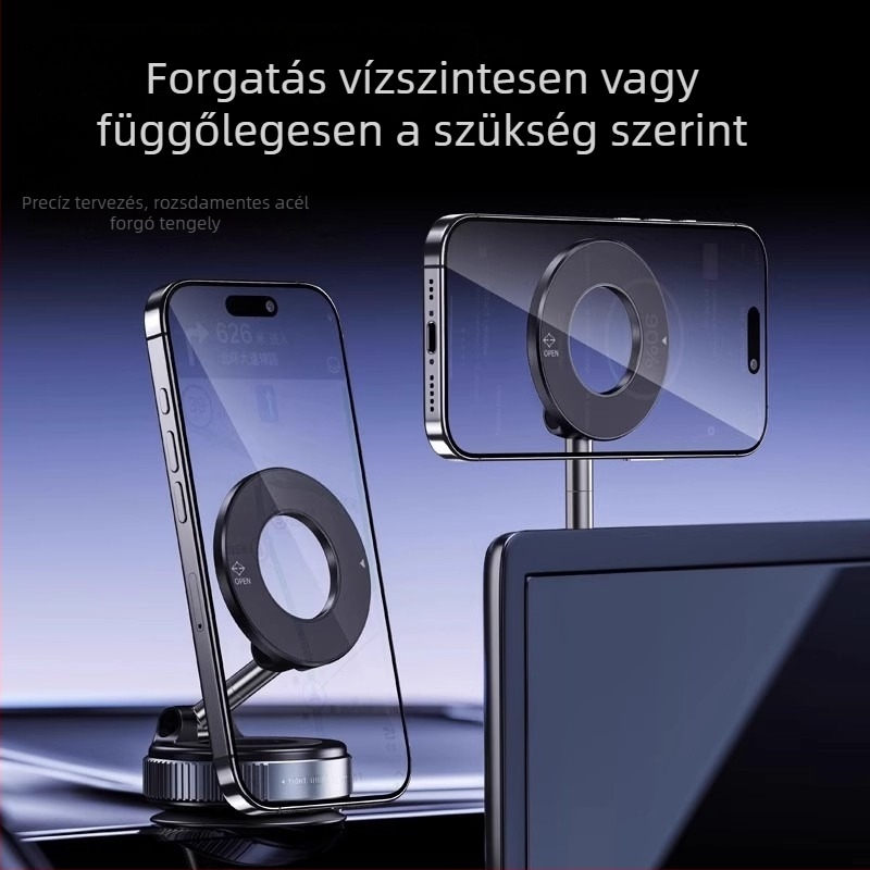 Autóba szerelhető mágneses telefontartó vákuumos szívóval, forgatható és összecsukható, ötvözetből
