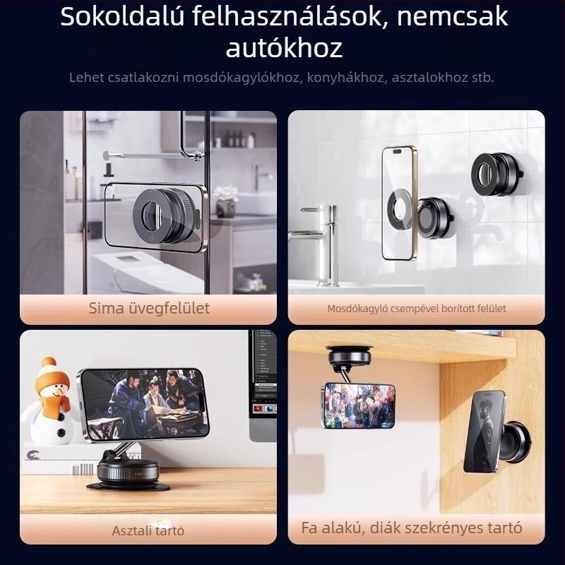 Autóba szerelhető mágneses telefontartó vákuumos szívóval, forgatható és összecsukható, ötvözetből