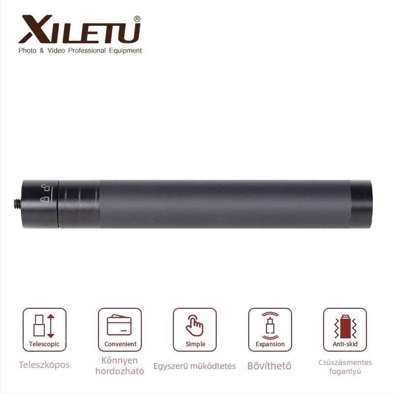 Xiletu alumínium ötvözetű kinyitható rúd háromtengelyes stabilizátorhoz, teherbírás 2 kg, csőátmérő 27 mm, 5 rész, összecsukott hossz 19 cm