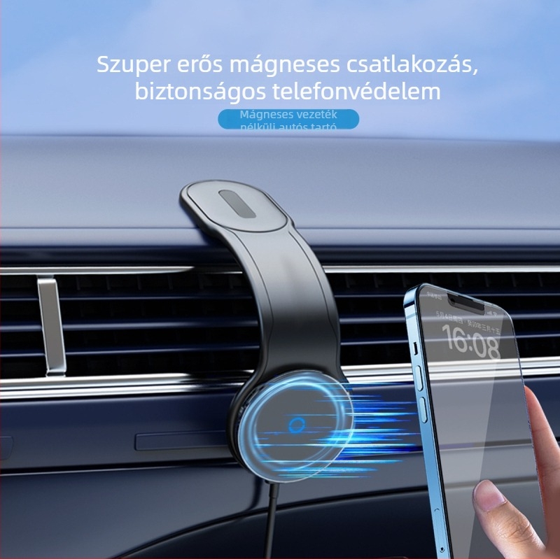 Mágneses autós tartó telefonhoz és navigációhoz, összecsukható, vezeték nélküli töltéssel; anyag: alumíniumötvözet + TPU + mágnes