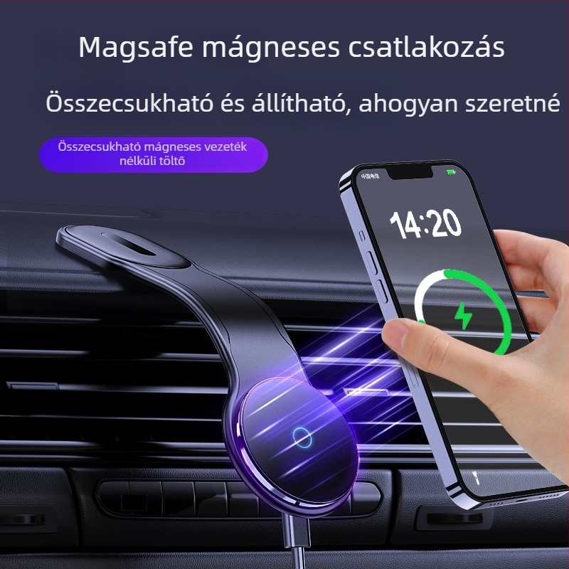 Mágneses autós tartó telefonhoz és navigációhoz, összecsukható, vezeték nélküli töltéssel; anyag: alumíniumötvözet + TPU + mágnes