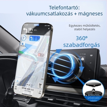 Autótelefon-tartó erős mágneses vákuumos felvétellel, 360° forgás, univerzális műanyag kivitel navigációhoz