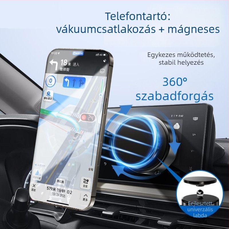 Autótelefon-tartó erős mágneses vákuumos felvétellel, 360° forgás, univerzális műanyag kivitel navigációhoz