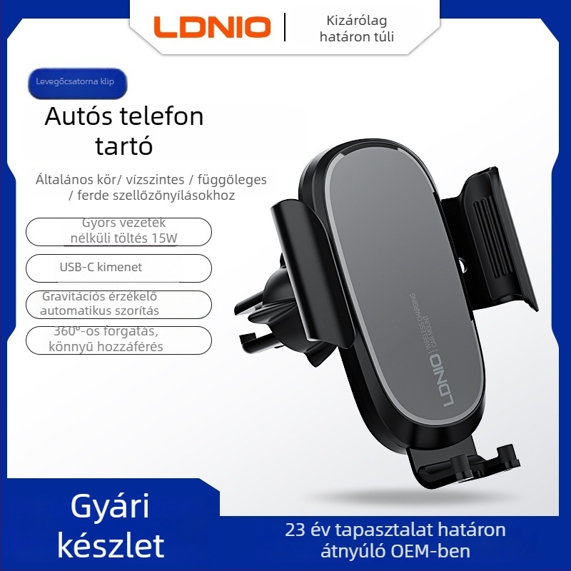Ldnio autós telefontartó vezeték nélküli töltéssel 15W, szívófej, univerzális típus