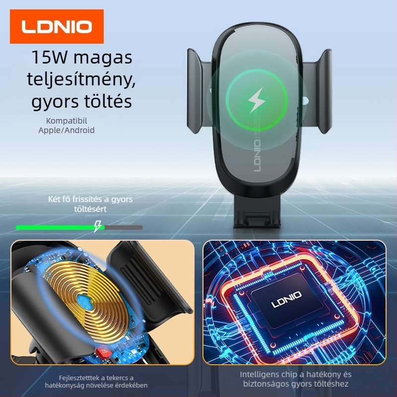 Ldnio autós telefontartó vezeték nélküli töltéssel 15W, szívófej, univerzális típus