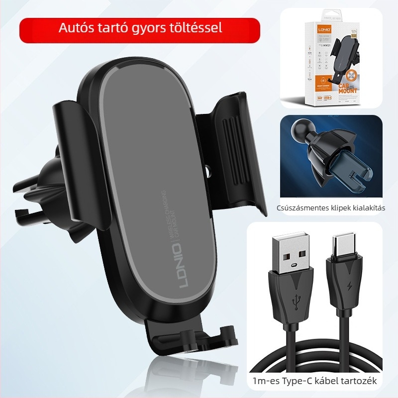 Ldnio autós telefontartó vezeték nélküli töltéssel 15W, szívófej, univerzális típus