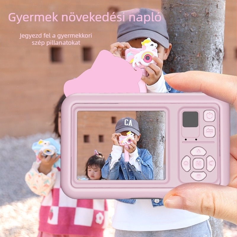 DELANDA D32 Mini Gyerekeknek Készült Kamera Dupla Objektívvel, Védőtokkal és Kézi Tartóval, 2.0'' LCD, TF Kártya, ABS Ház