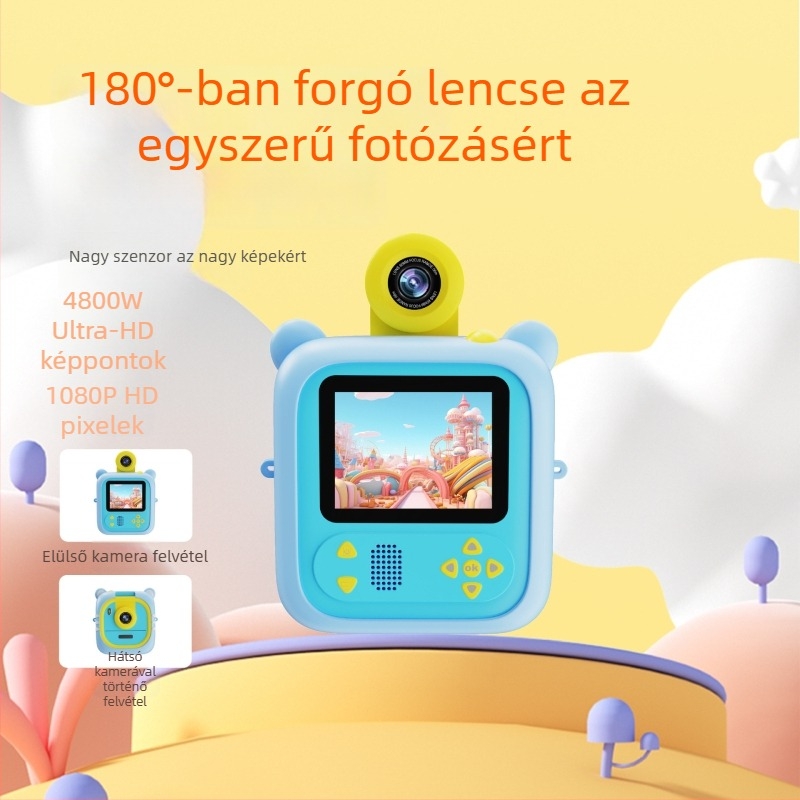 D2 Polaroid Gyerekek Digitális Forgatható Objektívű Mini Színes Fotó Nyomtató Kamera | 48 MP szenzor | 2,4" IPS kijelző | TF-kártya | ABS ház | 1300 mAh akkumulátor
