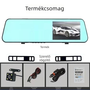 H8 autós visszapillantó tükrös dash cam, előre-hátra kettős felvétellel, HD 720p, 140° látószög, 4,2 hüvelykes kijelző, WiFi