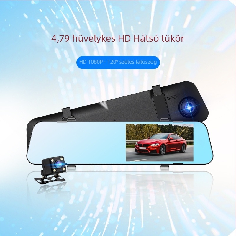 H8 autós visszapillantó tükrös dash cam, előre-hátra kettős felvétellel, HD 720p, 140° látószög, 4,2 hüvelykes kijelző, WiFi