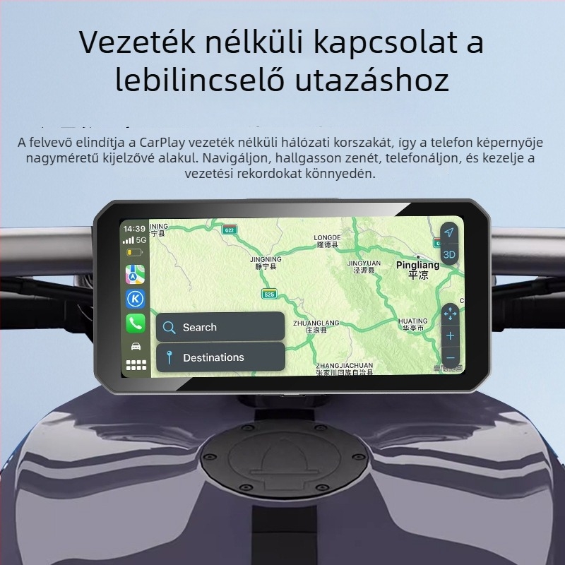Motorkerékpár CarPlay kijelző GPS-navigációval, 1080p felvétel, guminyomás-figyelő, vízálló és porálló