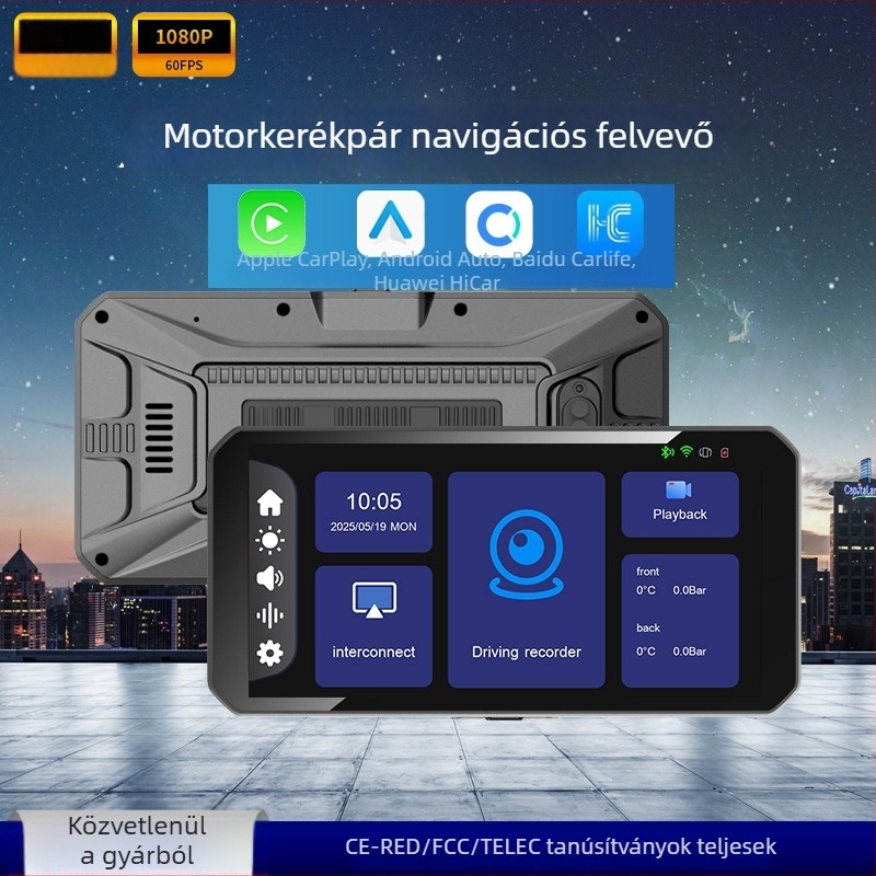 Motorkerékpár CarPlay kijelző GPS-navigációval, 1080p felvétel, guminyomás-figyelő, vízálló és porálló