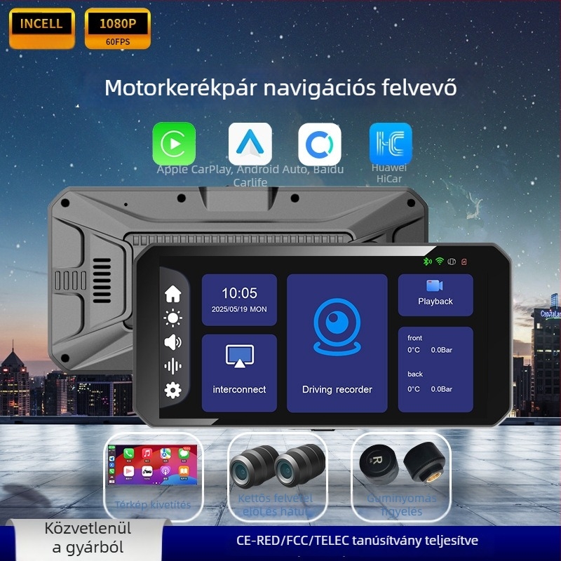 Motorkerékpár CarPlay kijelző GPS-navigációval, 1080p felvétel, guminyomás-figyelő, vízálló és porálló