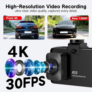 Háromlencsés autós dash cam 4K felbontással, éjszakai látás, Wi‑Fi-kapcsolat alkalmazáson keresztül és GPS-pálya megjelenítés