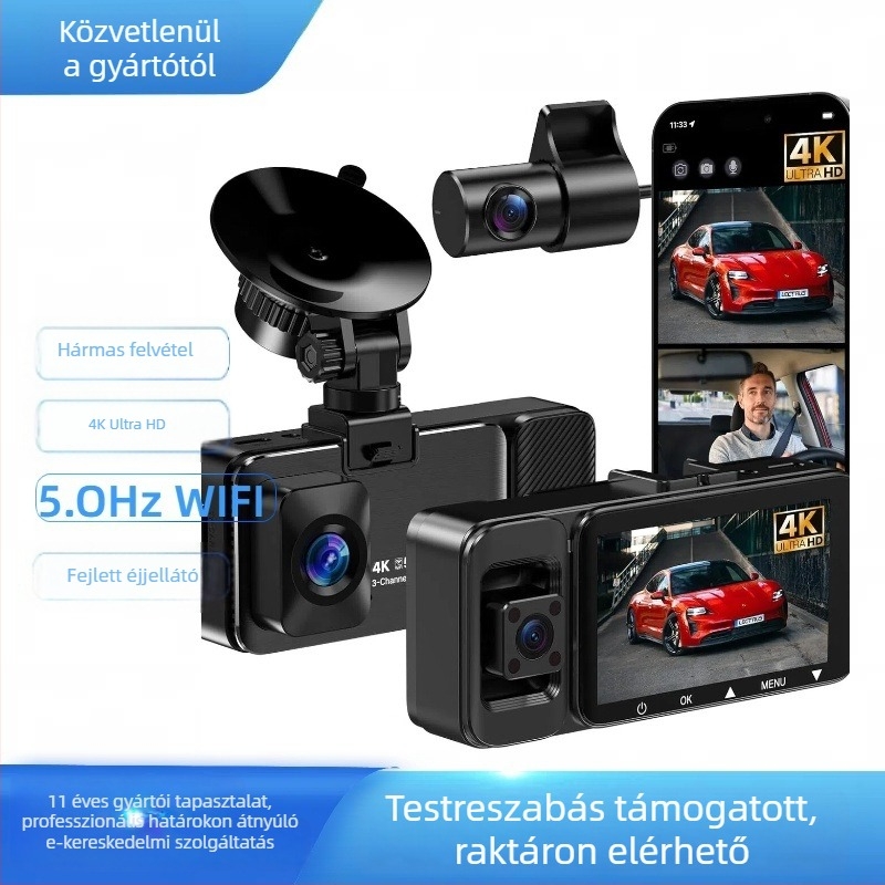 Háromlencsés autós dash cam 4K felbontással, éjszakai látás, Wi‑Fi-kapcsolat alkalmazáson keresztül és GPS-pálya megjelenítés