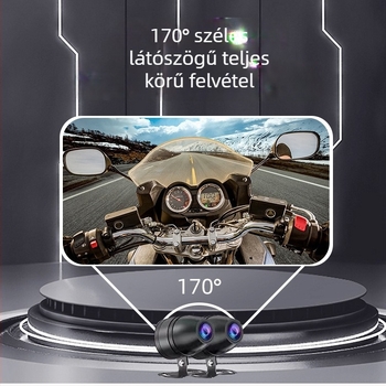 Motorkerékpár CarPlay dash kamera, elöl és hátul felvétel — Modell P-528Z, 170° látószög, 5MP, 64GB tárhely, kormányra történő rögzítés